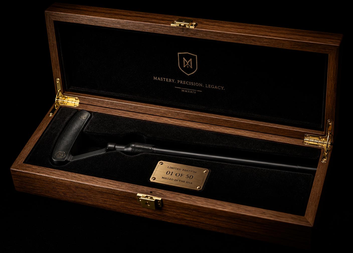 Founder Edition putter in a walnut presentation case with brass plaque
